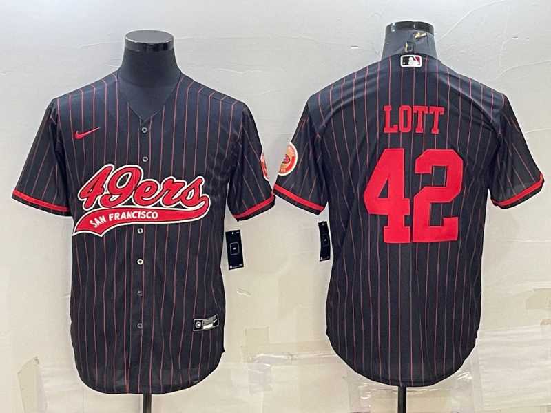 Mens San Francisco 49ers #42 Ronnie Lott Black Pinstripe With Patch Cool Base Stitched Baseball Jersey